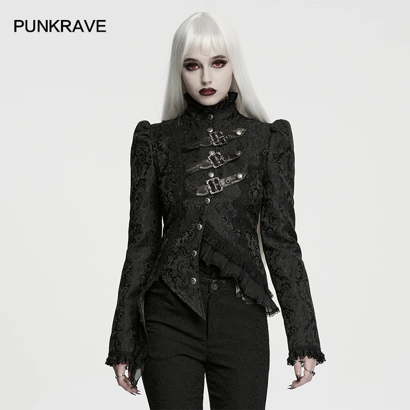 PUNK RAVE Women's Gothic Gorgeous Jacquard Asymmetric Layered Luxurious Coath Punk Deconstruction Asymmetrical Hem Party Jaket