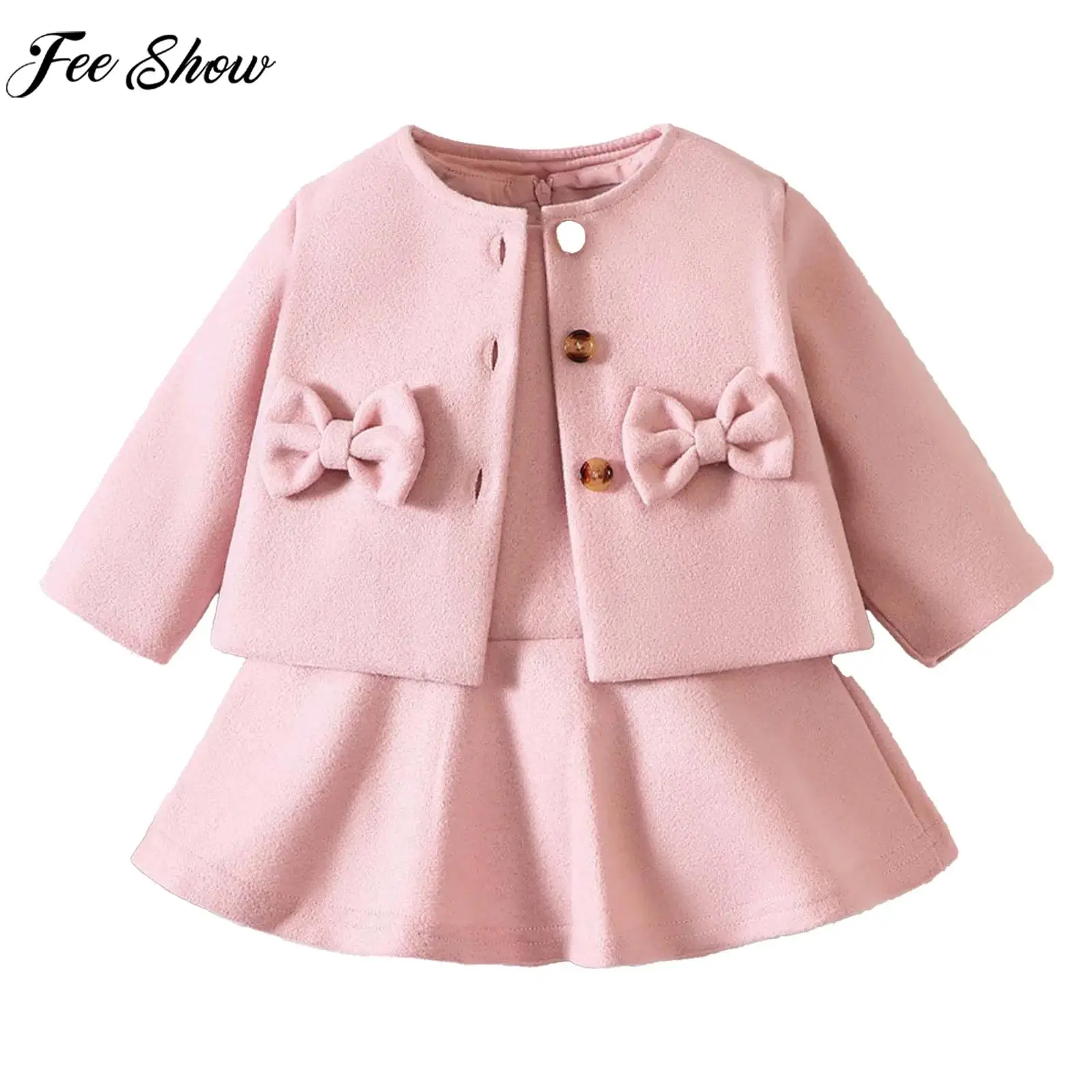 Infant Girls Fashion Casual Sweet Cute Outfit Long Sleeve Bow Coat with Sleeveless Dress for Birthday Wedding Party Photography