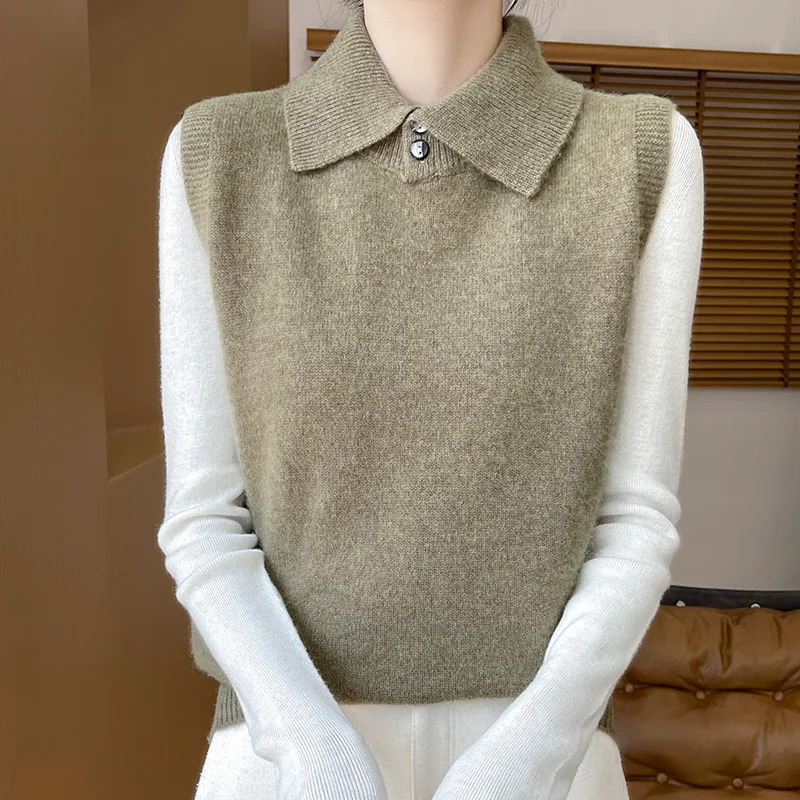 Collar Wool Vest For Women Sleeveless Solid Color Korean Fashion Warm And High-Quality Knitted Sweater Top For Autumn Winter