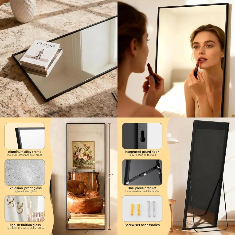 

71 x 26 Large Black Floor Mirror for Wall, Door, Bedroom, Bathroom, and Living Room