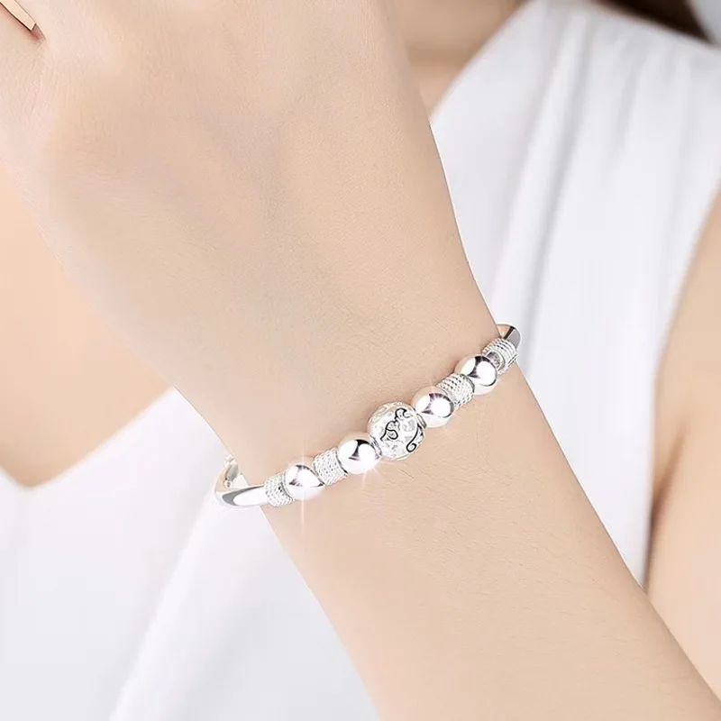 New Korean Fashion Silver Color Lucky Beads Bangles for Women Bracelets Luxury Designer Party Wedding Jewelry Gifts