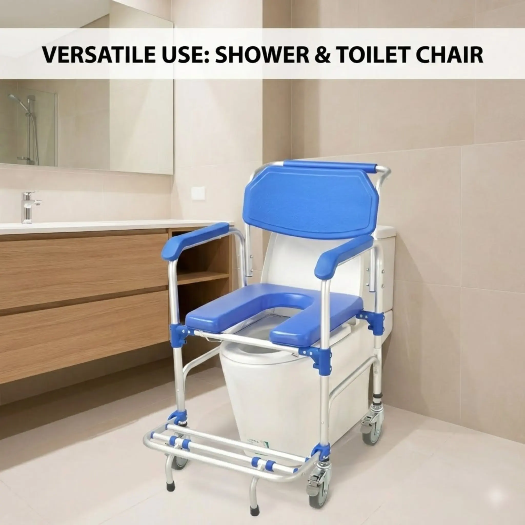 كرسي دش دوار مع مقعد مبطن بعجلات ودلو لكبار السن والمعاقين