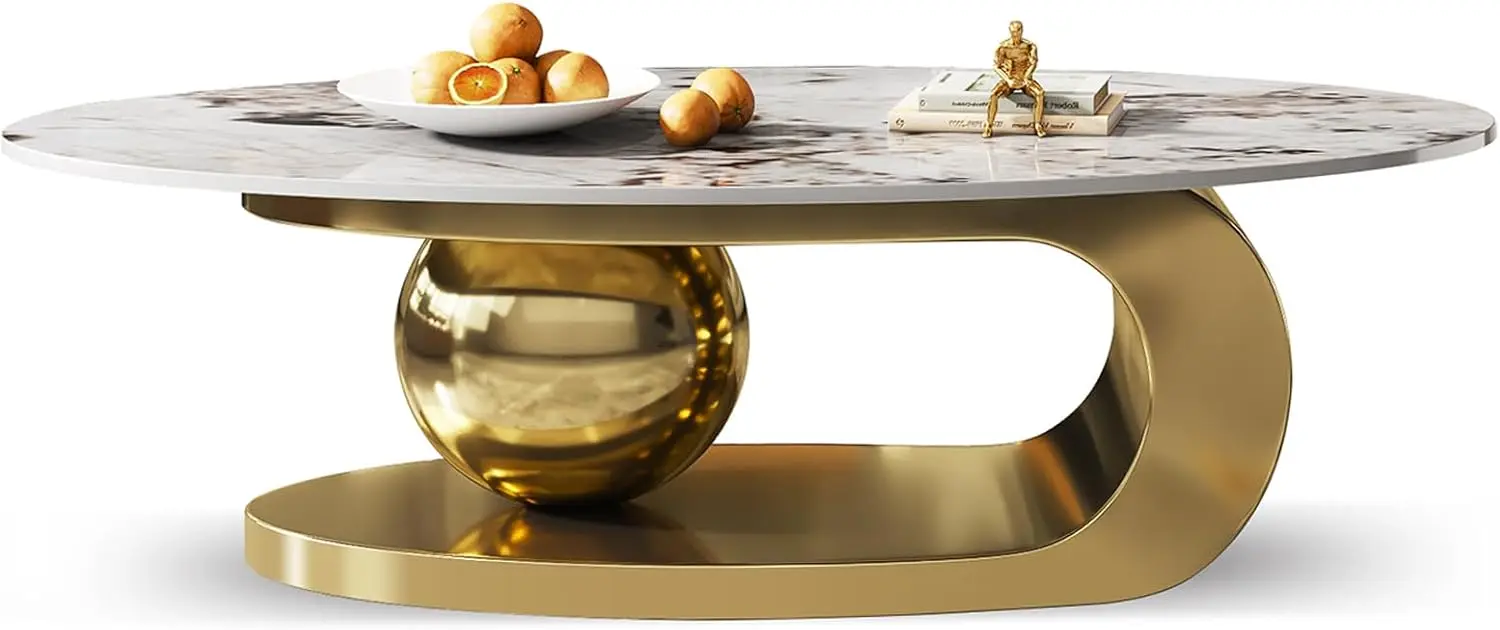 Modern Oval Stone Coffee Table with Abstract Gold Metal Base - Perfect Centerpiece for Stylish Living Rooms-Gold,51