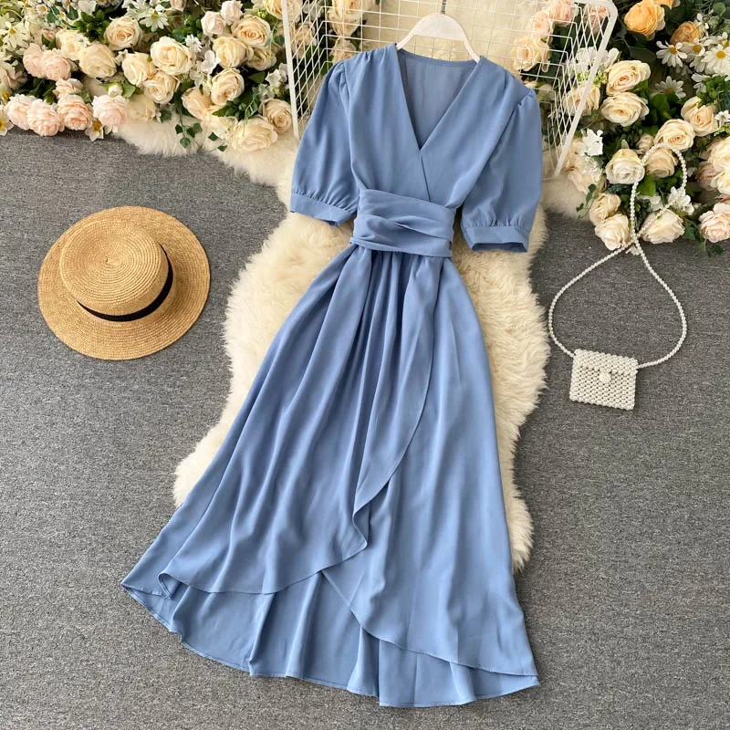 Women\'s Dress Spring New Temperament V-neck Solid Color Bubble Short-sleeved Irregular Ruffle Edge Lacing Dress Leisure Vestidos