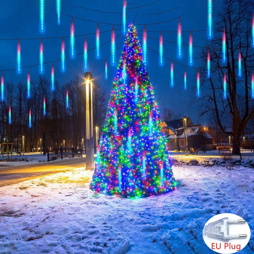 EU plug Power LED Meteor Shower Rain Lights Waterproof Falling Raindrop Fairy String Light for Holiday Party Patio Decor