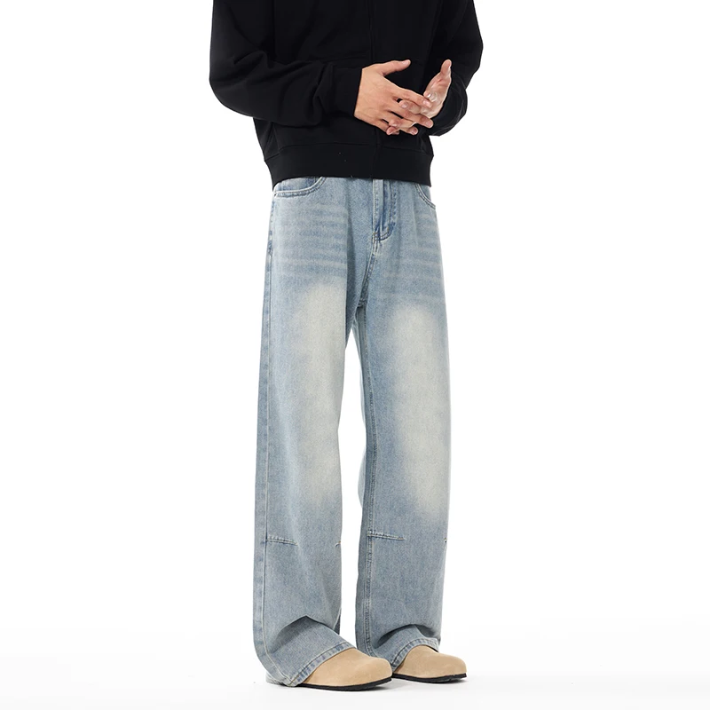Baggy Korean Jeans Men\'s Personalized Y2k Pants Fashion Straight Casual Vintage Denim Trousers Male Streetwear Blue