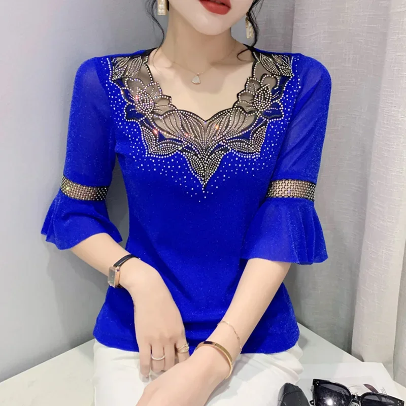 

New 2024 Summer Women's T-Shirt Fashion Casual Flare Sleeved Sexy Hollow Out Hot Diamond Tops Elasticity Mesh Blusas B06