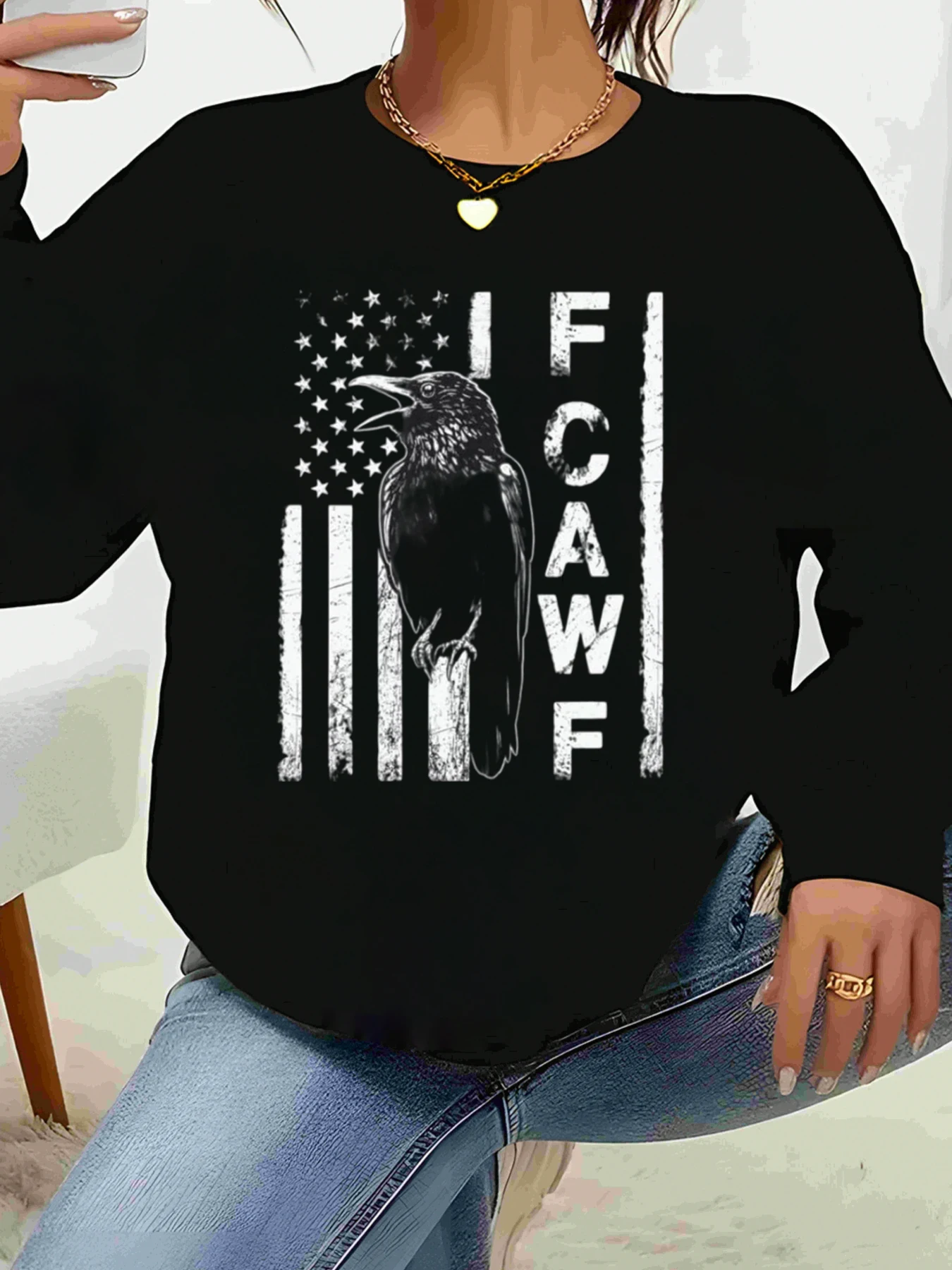

Футболка с длинными рукавами и принтом вороны с американским флагом, повседневная одежда ко Дню независимости, женская мода