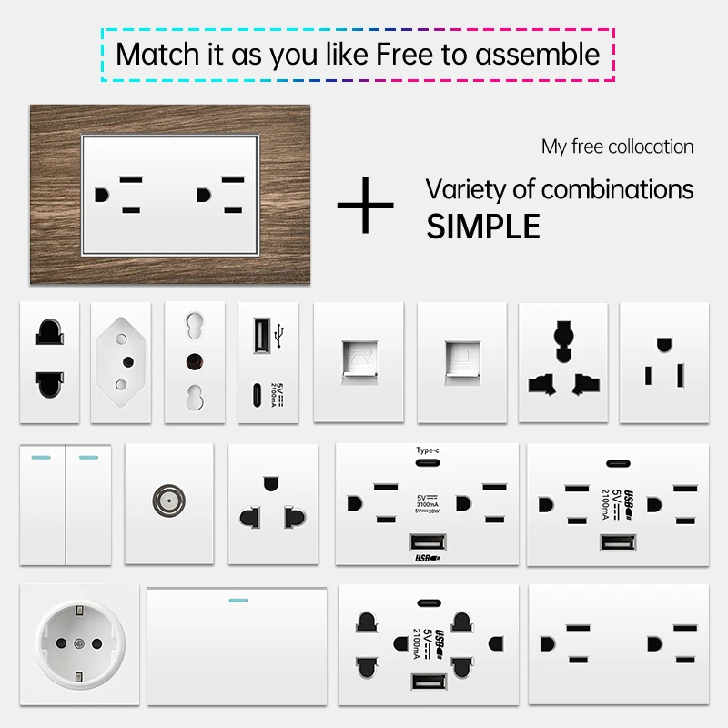 

ELEGAN Retro Wood grain Wall Light Switch Fast Type-C Wall Power Outlet plug America Mexican Electrical socket with USB Charger