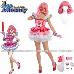 Game Ace Attorney Geiru Toneido Cosplay Costume Clown Performance Suit Cosplay Costume Girl Pink Dress Uniform Halloween Wig