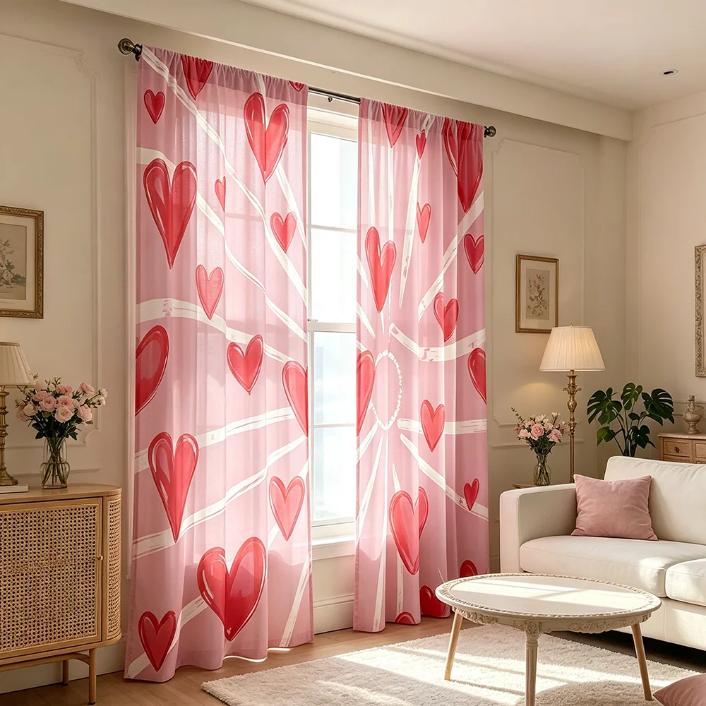2PCS Digital Print Curtain, Red Heart Sunburst Radiating Ray Pattern on Pink Background, Romantic Valentine's Day Home Decor