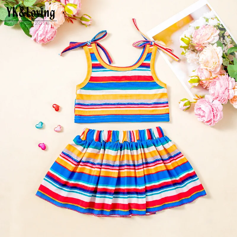 Conjunto de vestido de verão para meninas elegante e fofo colorido listrado camisola colete saia2conjunto