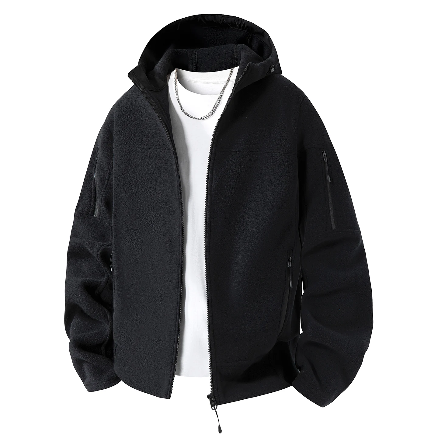 New Mens Warm Hooded Fleece Jacket Full Zipper Multi‑Zipper Side Pockets Wind Resistant Outdoor Travel Sports Casual Outer Coat
