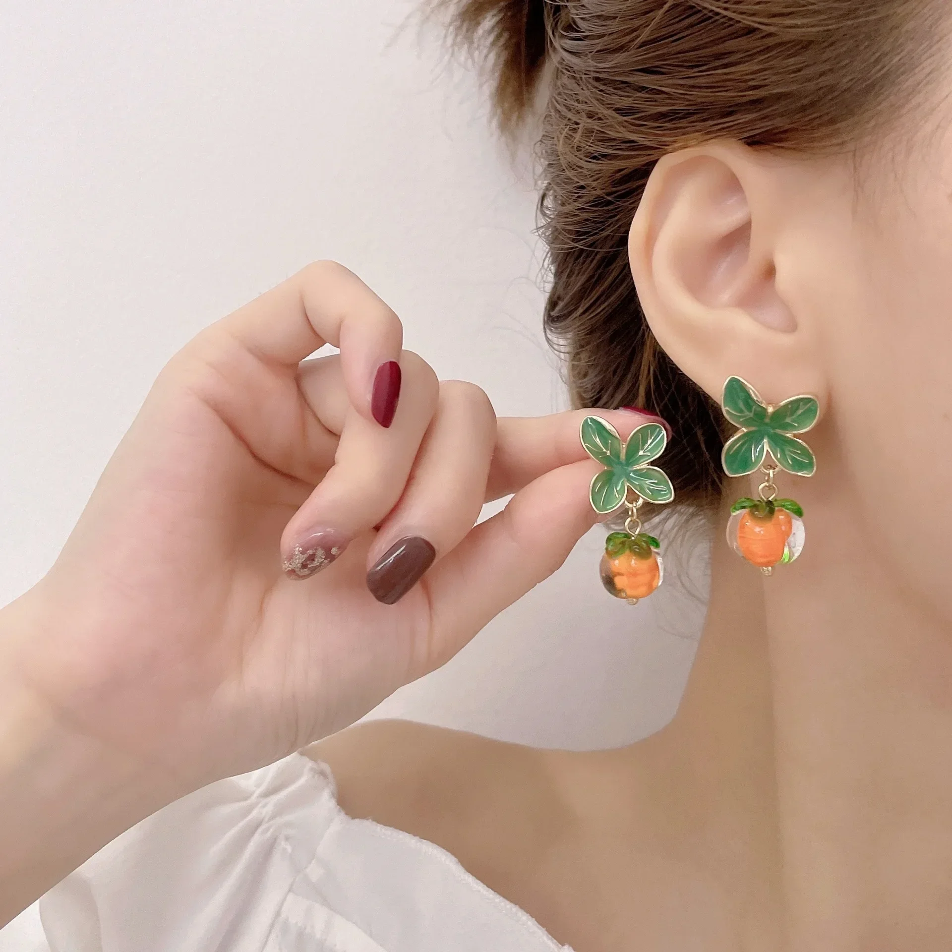 اليابانية Yuanqi فتاة البرتقال الزجاج الأذن كليب الملحقات الزجاج البرسيمون أقراط الرجعية لا ثقب الأذن قرط كبس #1