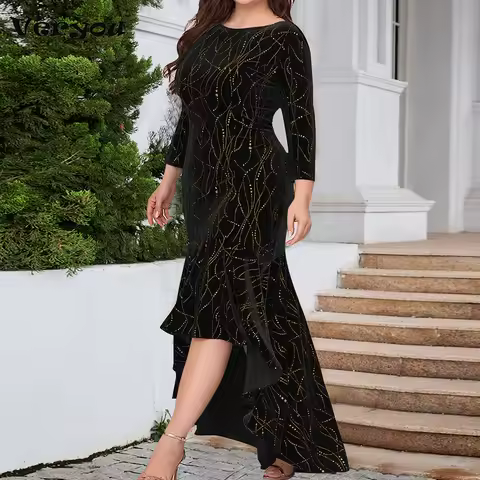 Fashion Irregular Shinny 3/4 Sleeve Party Dress Women O Neck Evening Dress Plus Size Women Autumn Maxi Dresses Black Red