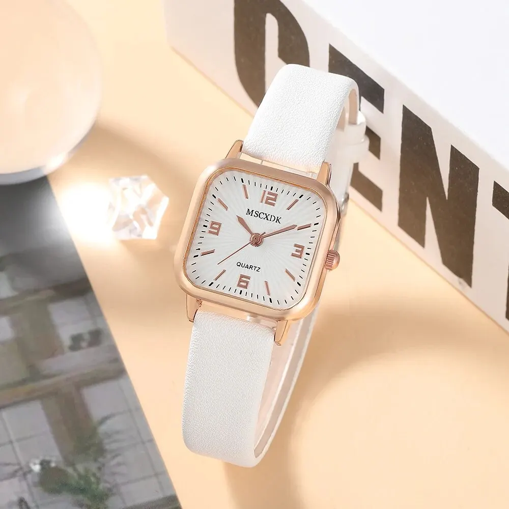 5PCS Set Women Fashion Watch Casual Bracelet Watches Set Leather Simple Dial Quartz Wristwatches Clock