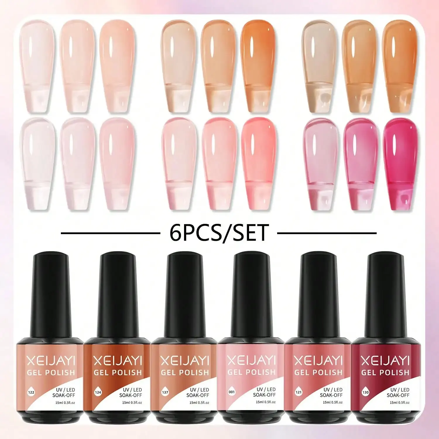 6PCS/SET 15ml Color Nail Gel Polish Set Kits Base Top Coat Varnish Soak Off UV Gel LED Semi Permanent All For Manicure Nail Art