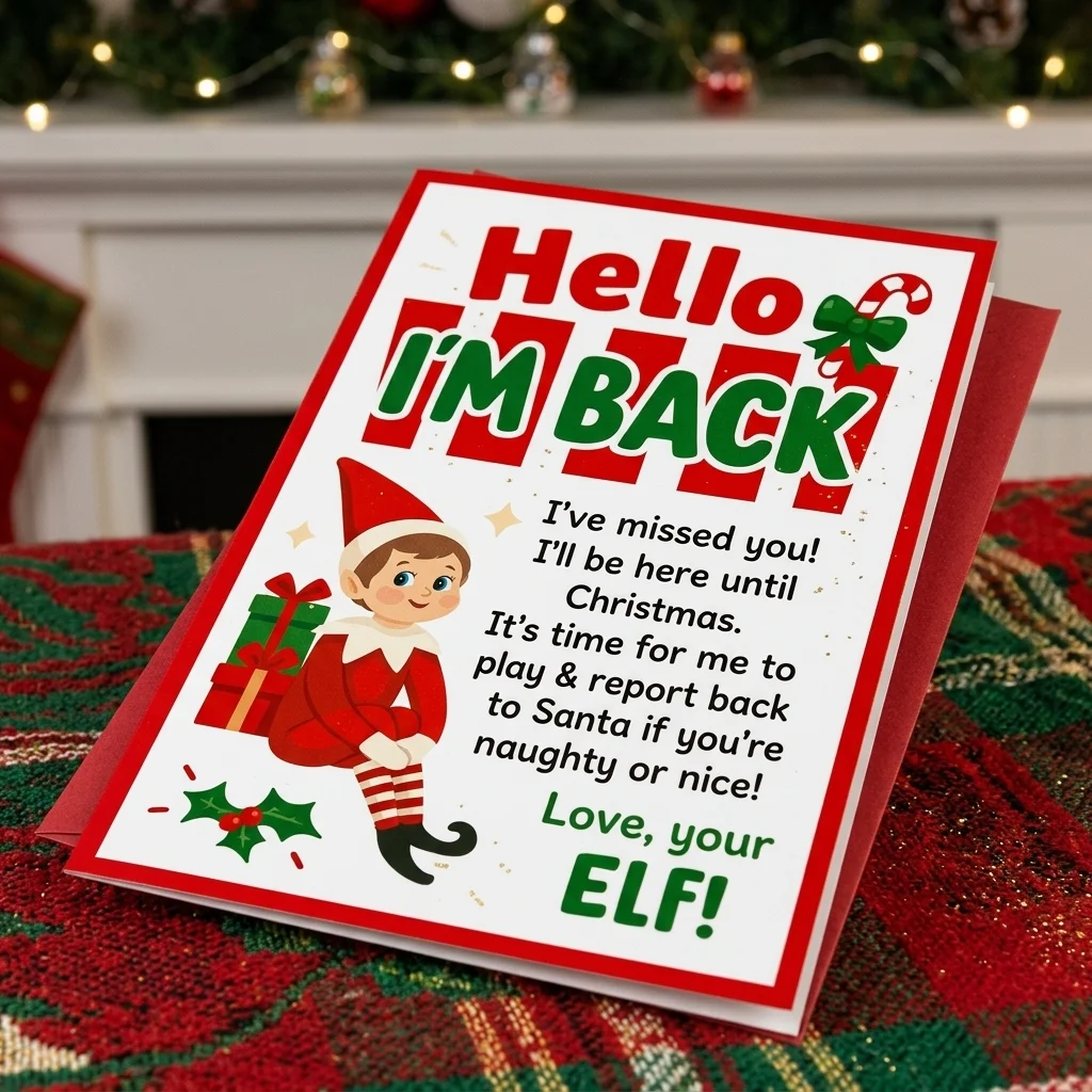 Cute Elf On The Shelf Christmas Welcome Back Greeting Card Hello I'm Back Festive Xmas Card With Matching Envelope For Holiday Party Family Gift Giving