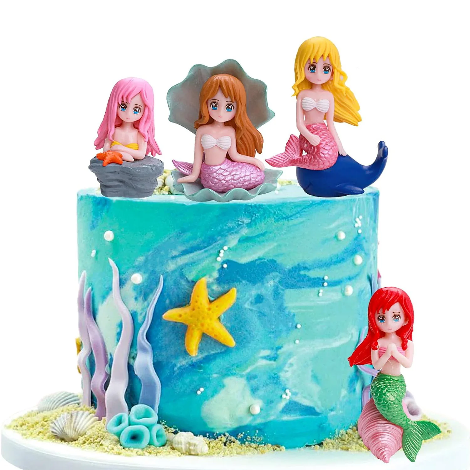 4pcs Mermaid Cake Topper Little Cute Mermaid Doll Figurines Decorations for Mermaid Princess Under the Sea Theme Birthday Party