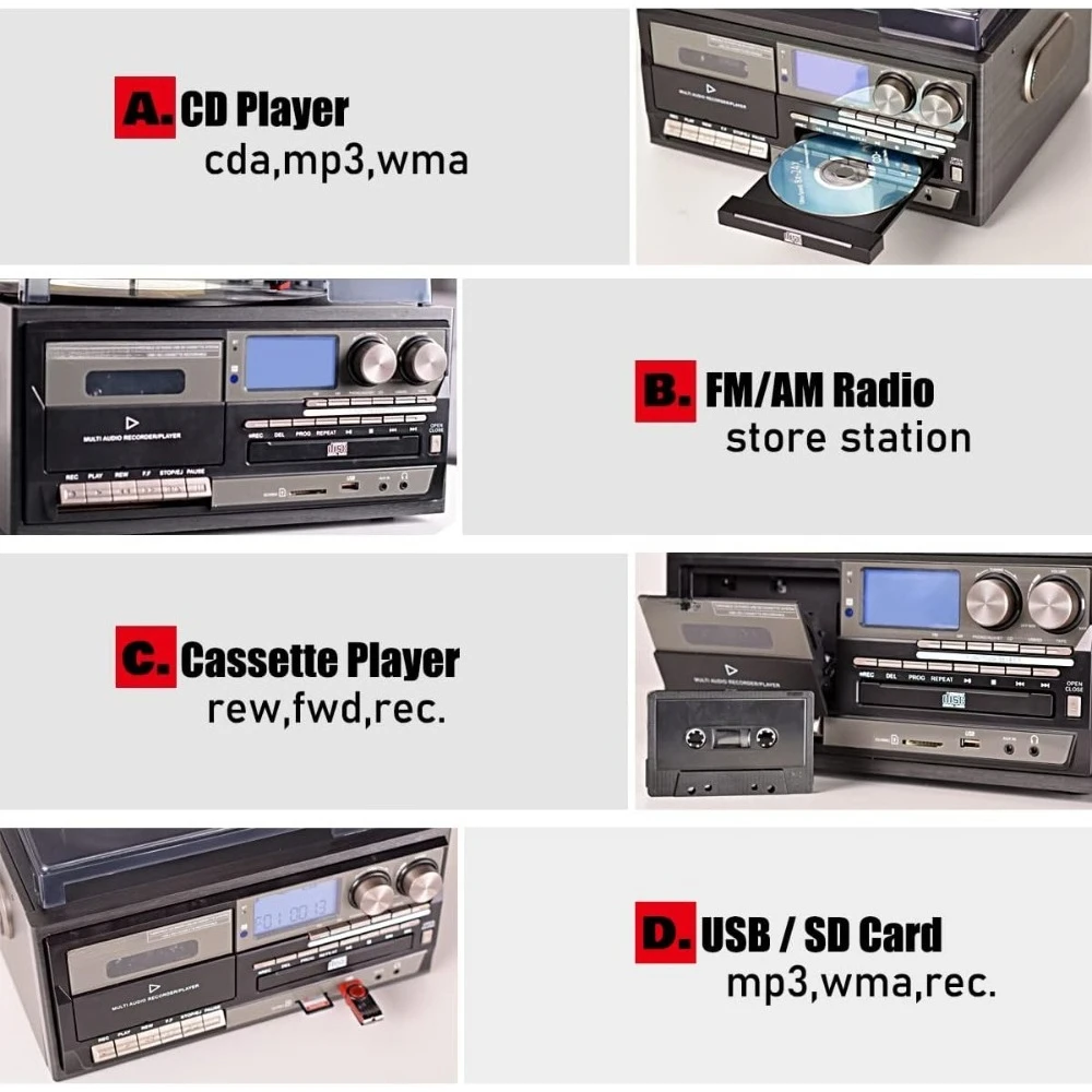 الأفضل - مشغل تسجيلات من الفينيل 10 في 1 3 سرعات بلوتوث عتيق القرص الدوار مشغل كاسيت الأقراص المضغوطة AM/FM راديو USB مسجل، خط RCA خارج #4