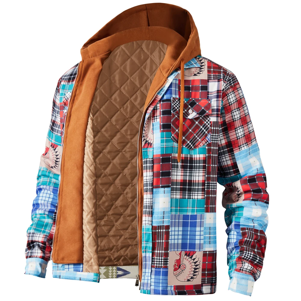 Mens Autumn Winter Jacket Harajuku Plaid Hooded Zipper Long Sleeve Basic Casual Shirt Jackets European American Size S-5XL