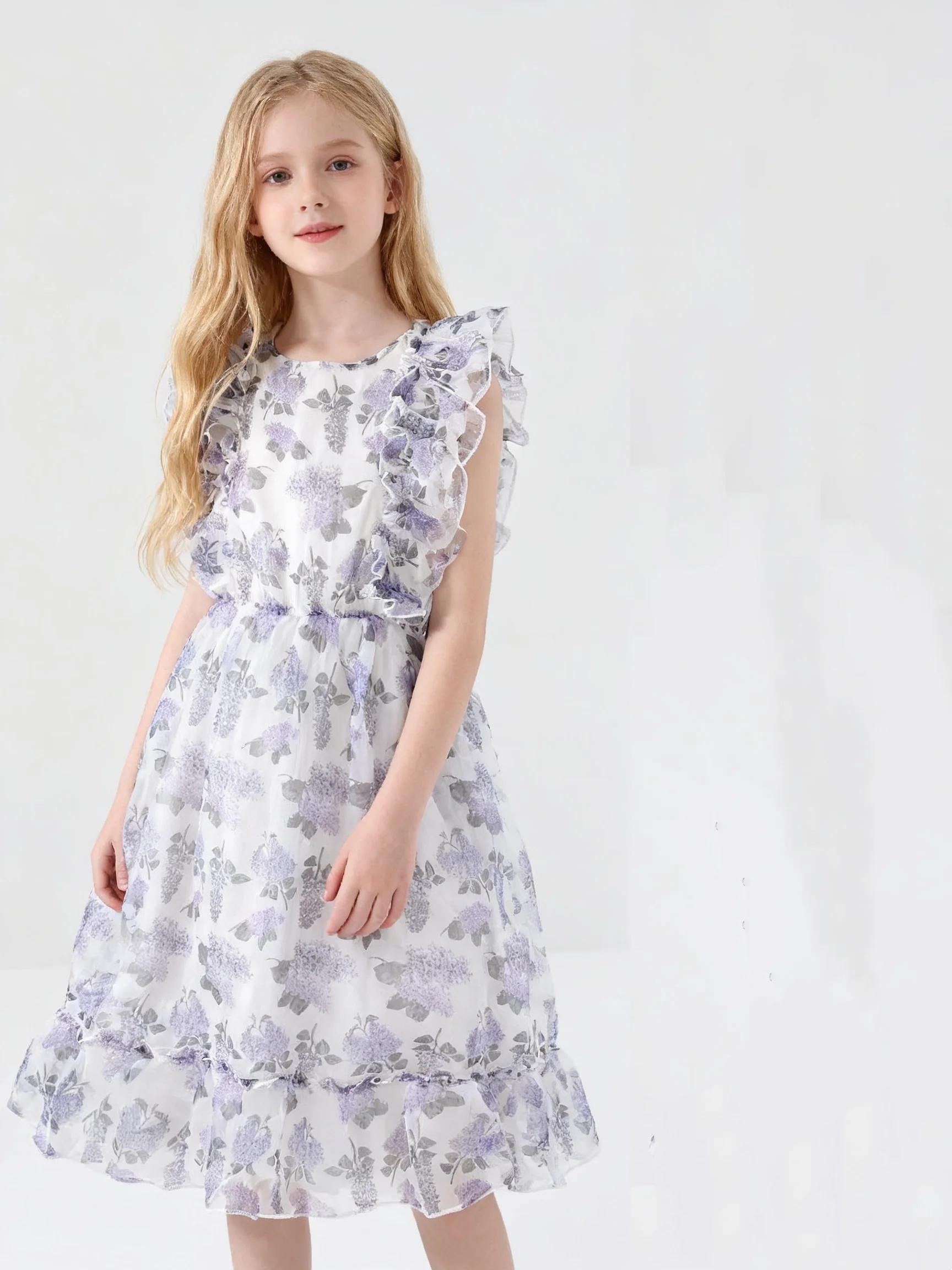 Summer Girls' Sweet Flower Print Ruffled Sleeveless Mesh Skirt French Waist Cinching Dress