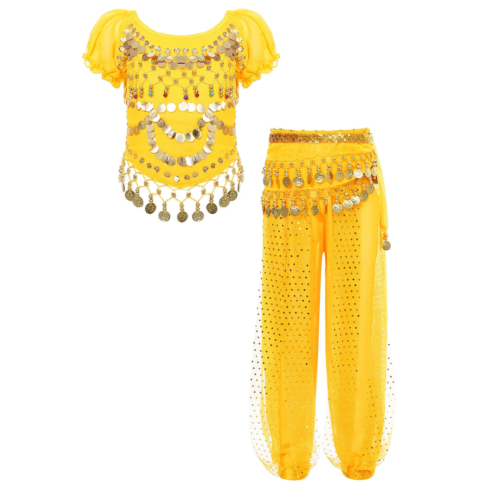 Meisjes Buikdans Kostuum Set Chiffon Kwastjes Crop Top Bloeiers Broek Taille Ketting Indian Dance Performance Dancewear