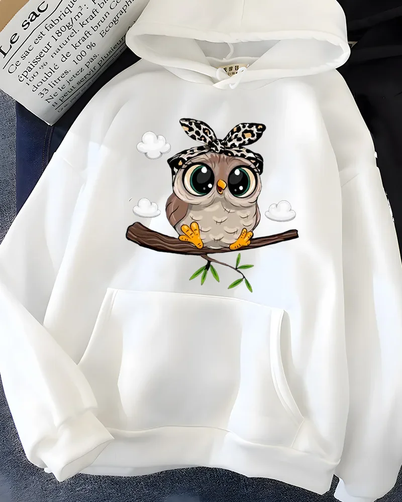Hirsionsan Kawaii Cartoon Print Hoodies Women Oversized Sportwear Female Sweatshirt Cute Graphic Fleece Ladies Clothes Owl Night