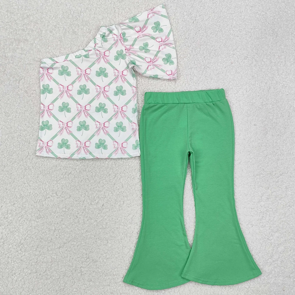 New Fashion Baby Girls Clothes St Patrick Quatrefoil Bows Short Sleeve Bell Bottom Outfits Boutique Toddler Girls Clothes Sets