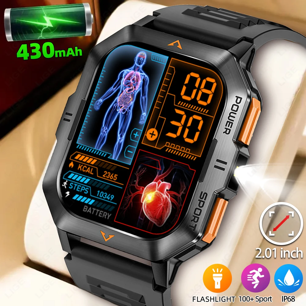 

LIGE военные умные часы мужские светодиодный фонарик 2,01-дюймовый HD-экран спортивные часы на открытом воздухе водонепроницаемые 430 мАч Bluetooth умные часы с вызовом