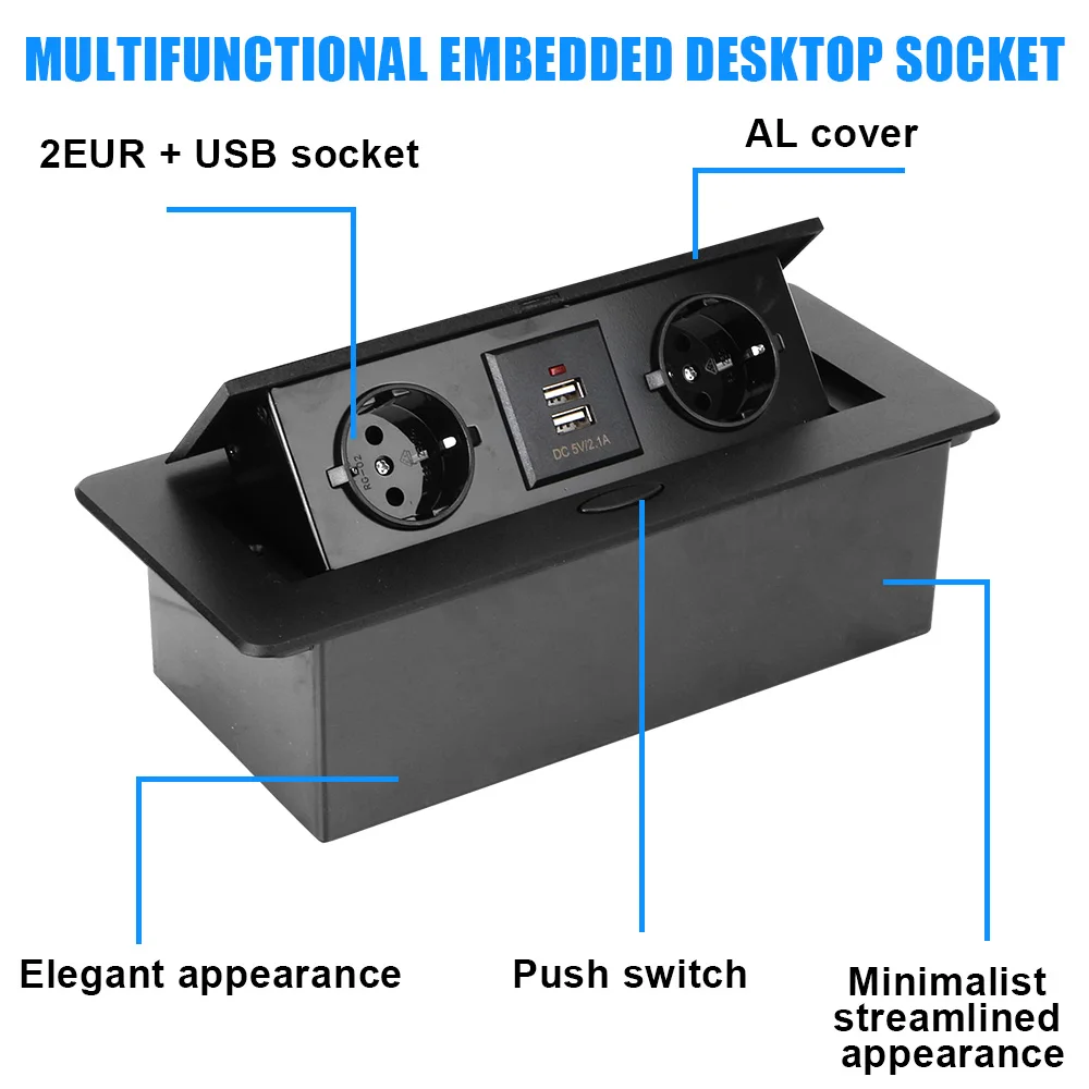 Desktop Socket EU Plug 2/3 Hidden Table Panel With USB Charging Slow Pop Up Cover For Meeting Room Office Electrical Outlets