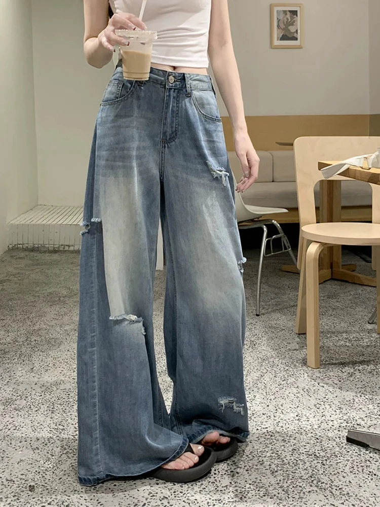 

Women High Waisted Ripped Denim Jeans Slim Loose Fit Floor Length Pants with Hanging Feel, Spring Niche Casual Style