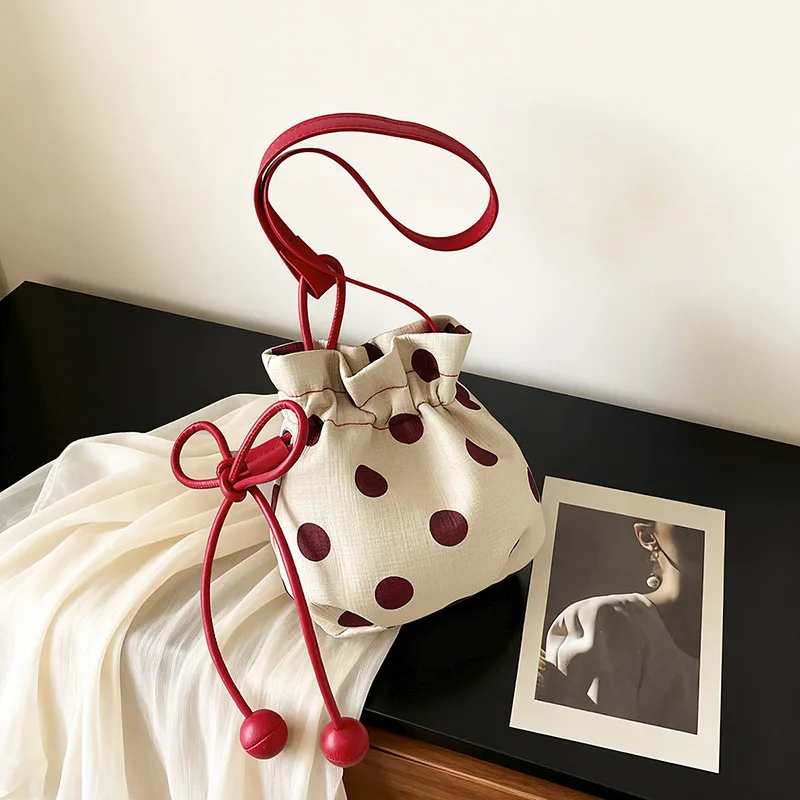 Canvas Bucket Bag 2026 New Polka Dot Drawstring Shoulder Purse Ball Charm Mini Tote Handbag Lightweight Casual for Women Girls