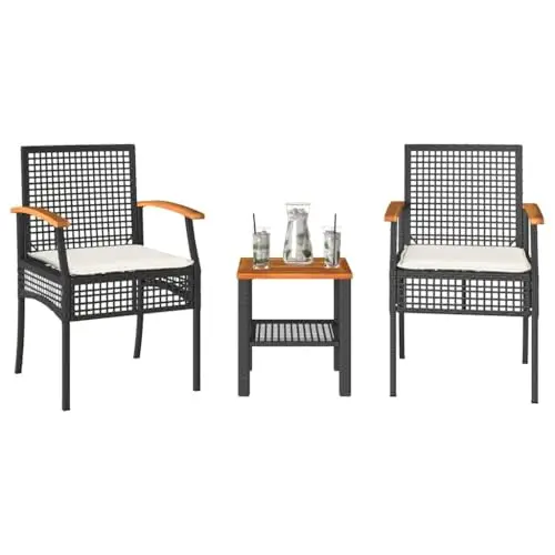 3 Piece Patio Bistro Set, Outdoor PE Rattan Conversation Chair Set with Acacia Wood Tabletop and Cream White Cushions for