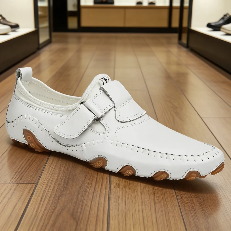 Men's Leather Driving Loafers Adjustable Strap Slip-On Hand Stitched Soft Sole Casual Walking Shoes