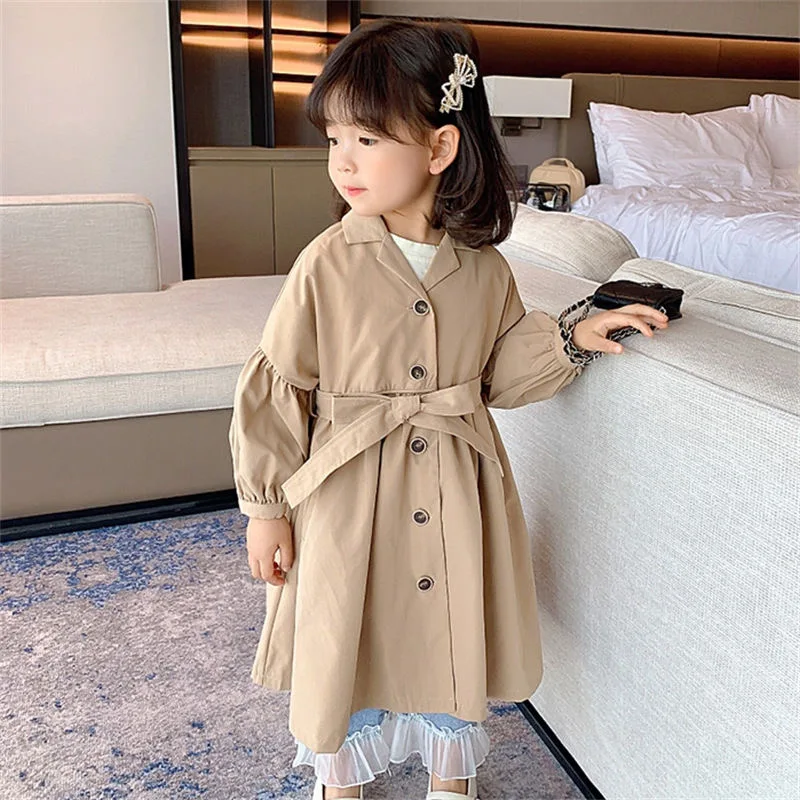 Spring Autumn Girls Windbreaker Coat Mid-Length British Style Casual Coat For 2-8 Years Old Kids Jacket Teenage Girls Clothing