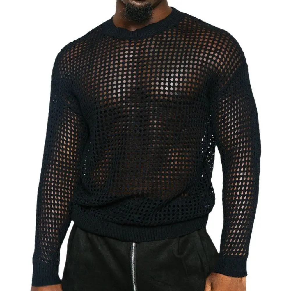 

Men Fishnet Top See Through Shirts Transparent Long-arm Muscle T-Shirt Net Undershirt Spring Streetwear Mens Mesh Knit Shirt