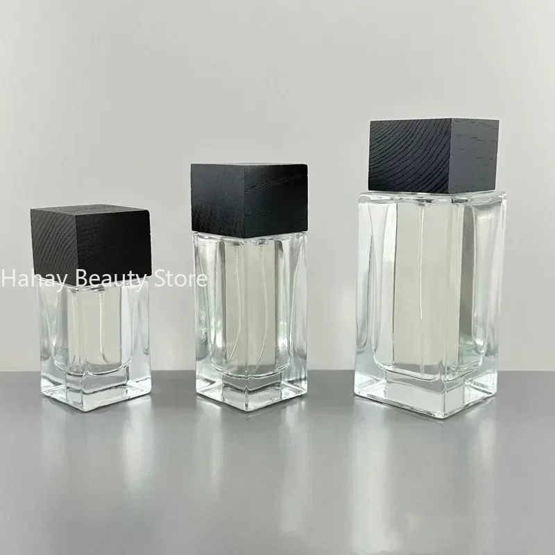 30ml/50ml/100ml przezroczyste szklane butelki perfum butelki z rozpylaczem puste kwadratowe butelki zaciskane Nick butelka perfum niezbędne w podróży