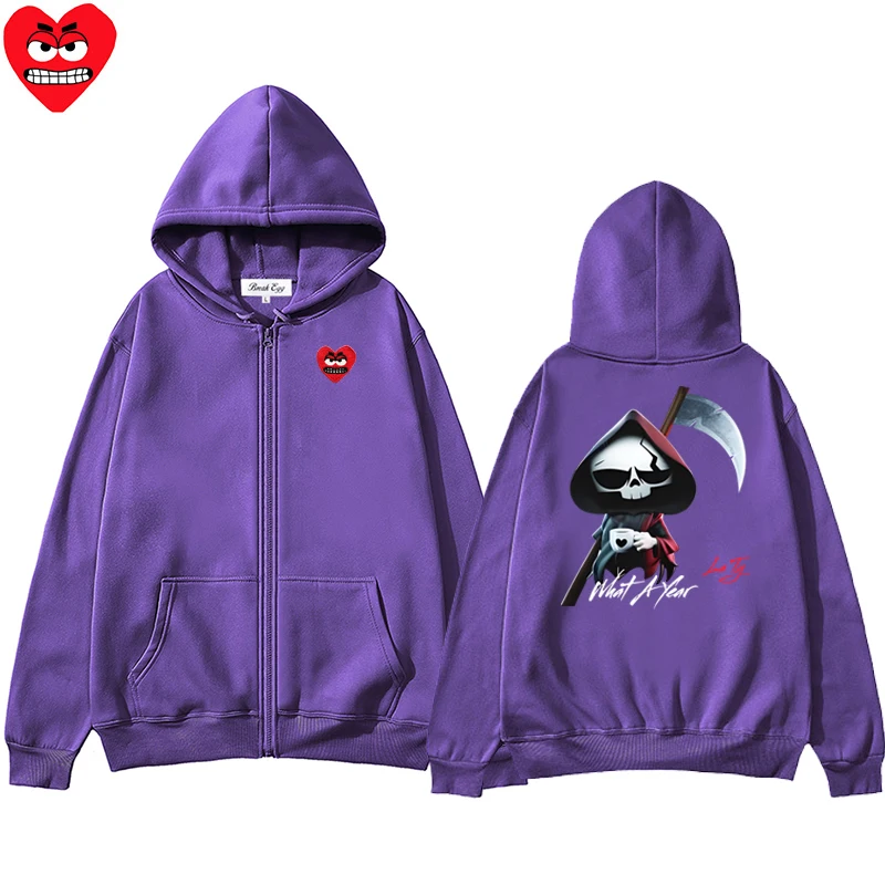 Death Drink Coffee Cute Printing Men Women Zipper Hoodie Cool Snag Heart Embroidery Polyester Pocket Loose Thin Autumn Sweater