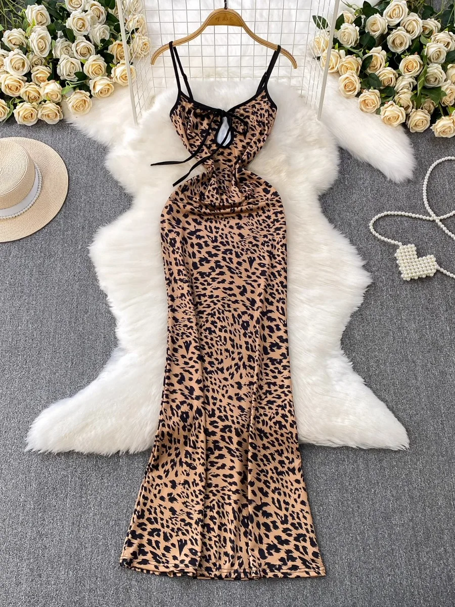 Foamlina فتاة مثير انقطاع التعادل ليوبارد الخامس الرقبة فستان بكتافة المرأة الصيف جديد ليوبارد طباعة عالية الخصر Bodycon فستان ماكسي