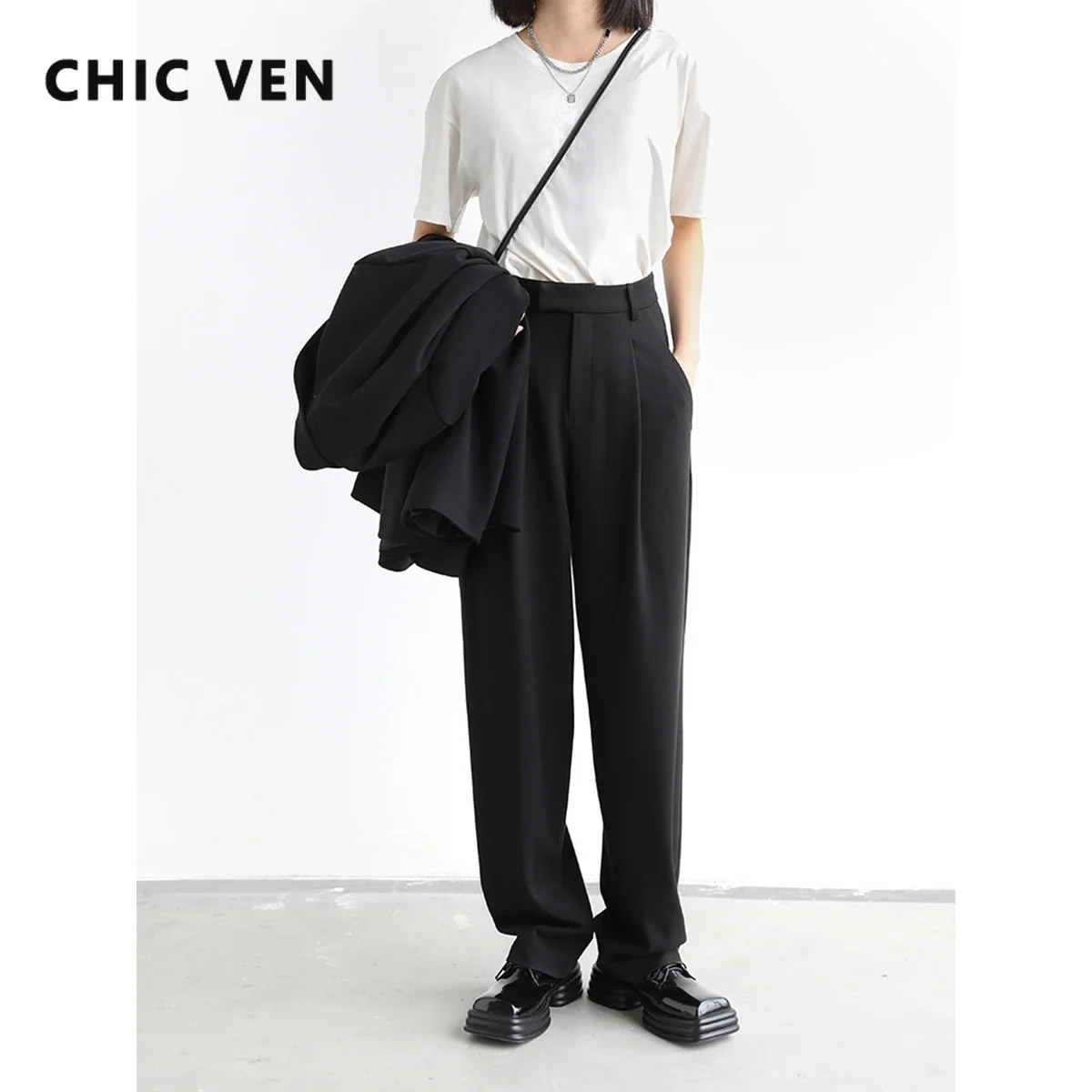 CHIC VEN Women Pants Casual Loose Solid Color Suit Pant Wide Leg Office Ladies Female Trousers Autumn Spring Streetwear New 2023