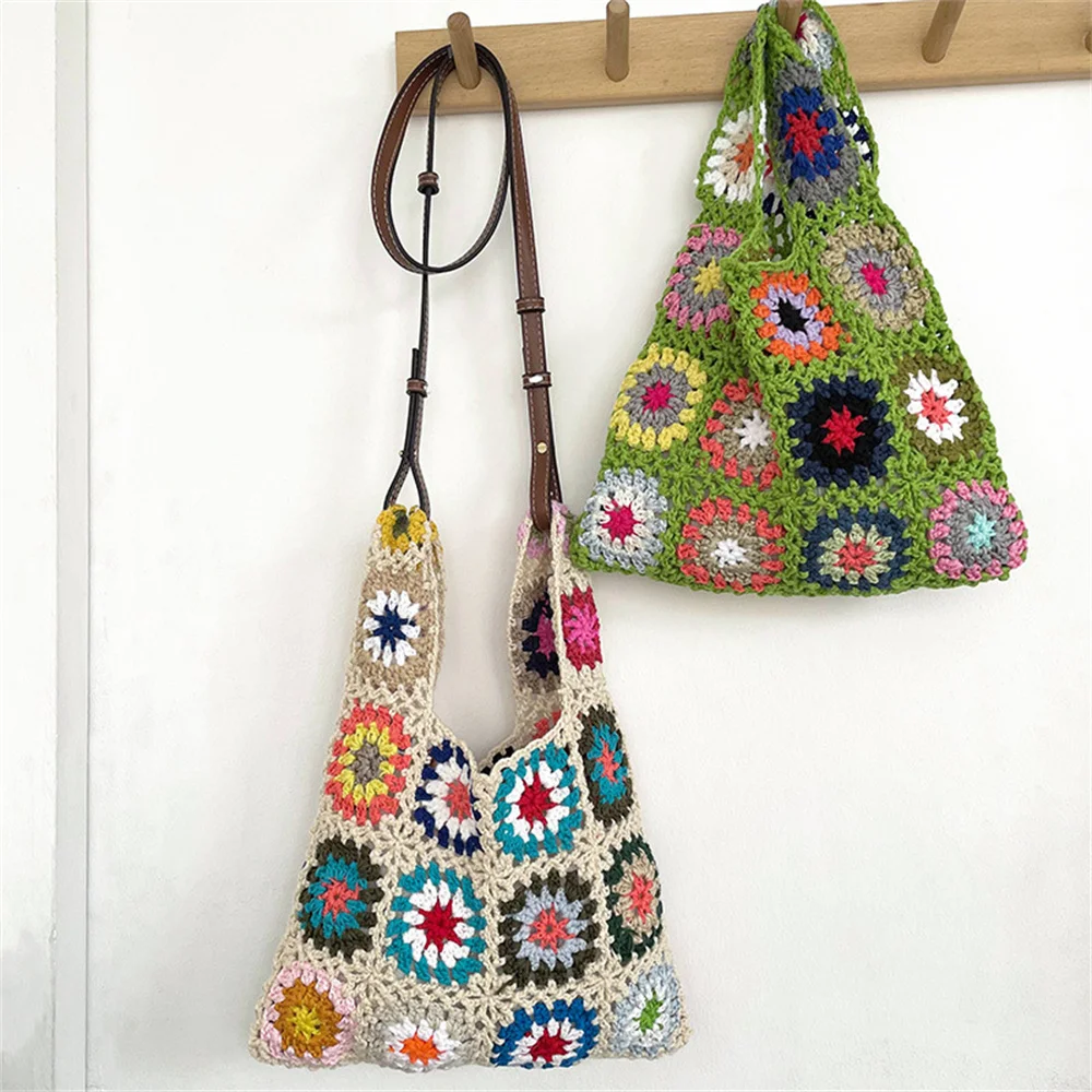 Flower Crochet Women\'S Shoulder Bag Designer Hollow Knitting Tote Soft Woven Handbag Beach Ethnic Style Bohemian Travel Shopper