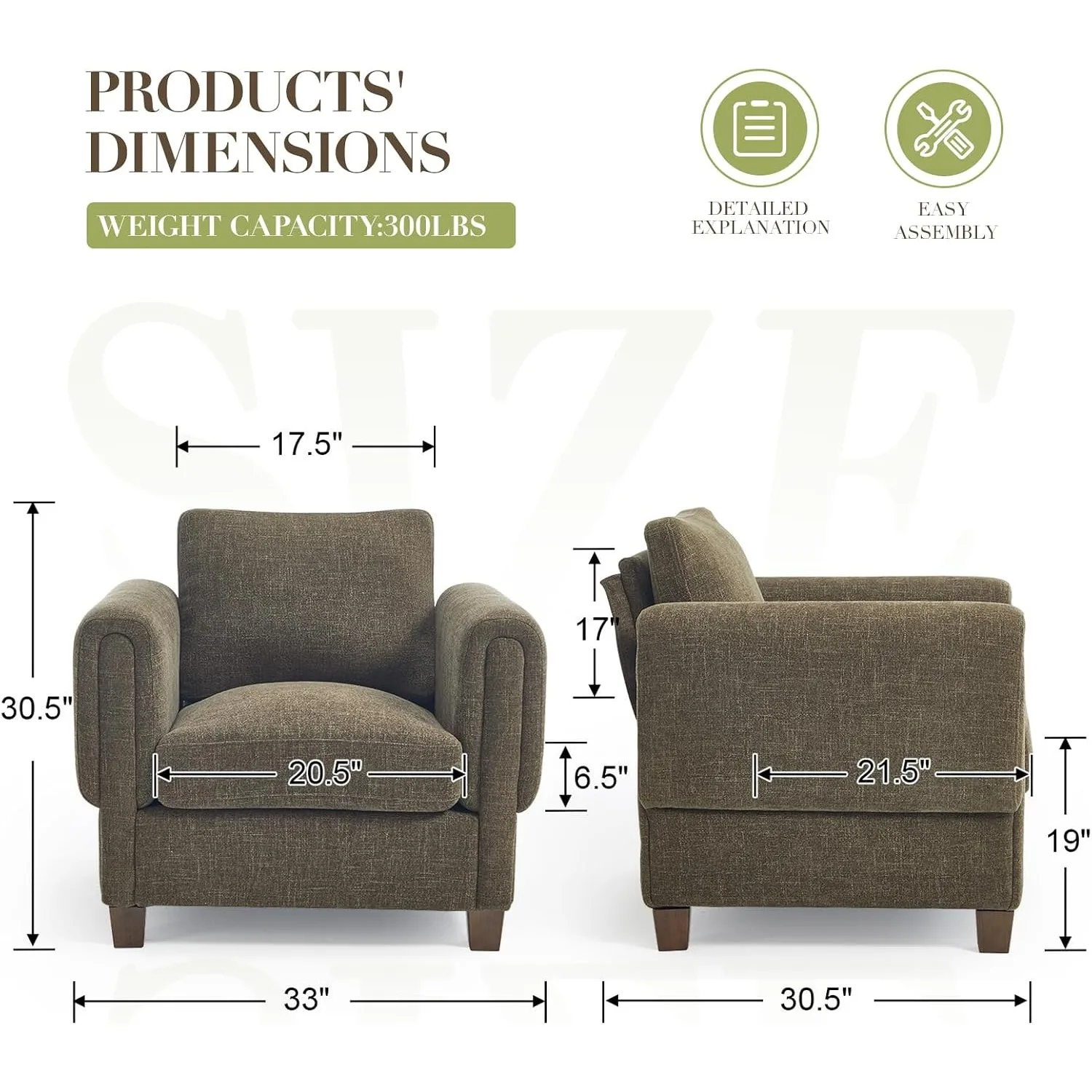 Modern Accent Chair, Upholstered Armchair Chenille Fabric Comfy Single Sofa Chair with Solid Wooden Frame for Living Room Bedroom, 1PC, Green