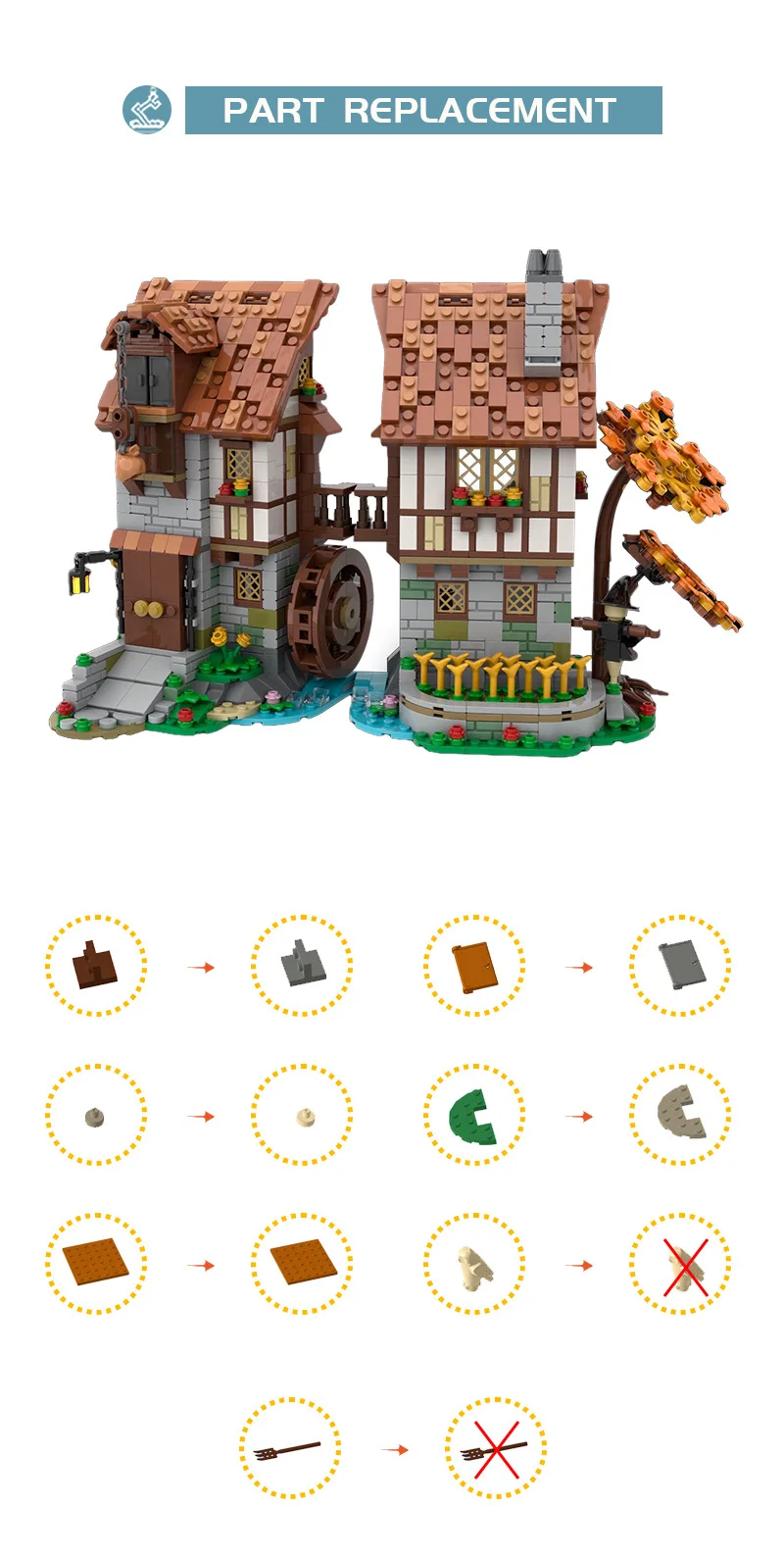 MOC- 119708   Medieval watermill arquitetura casa cabana blocos de construção kit smithy taverna castelo modelo diy crianças quebra-cabeça brinquedos presente