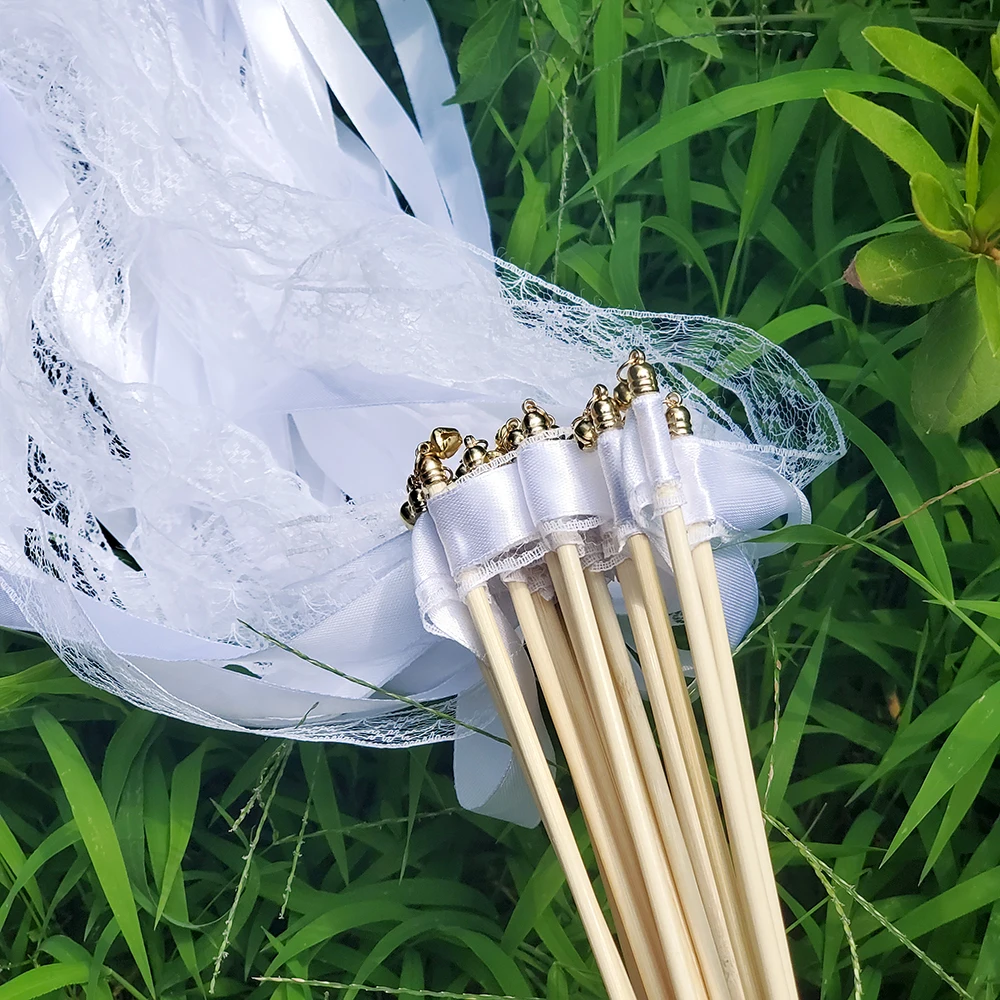 White Ribbon Wands Fairy Sticks Wedding Twirling Lace Streamers With Golden Silver Bell Party Cheering Prop Favor for wedding