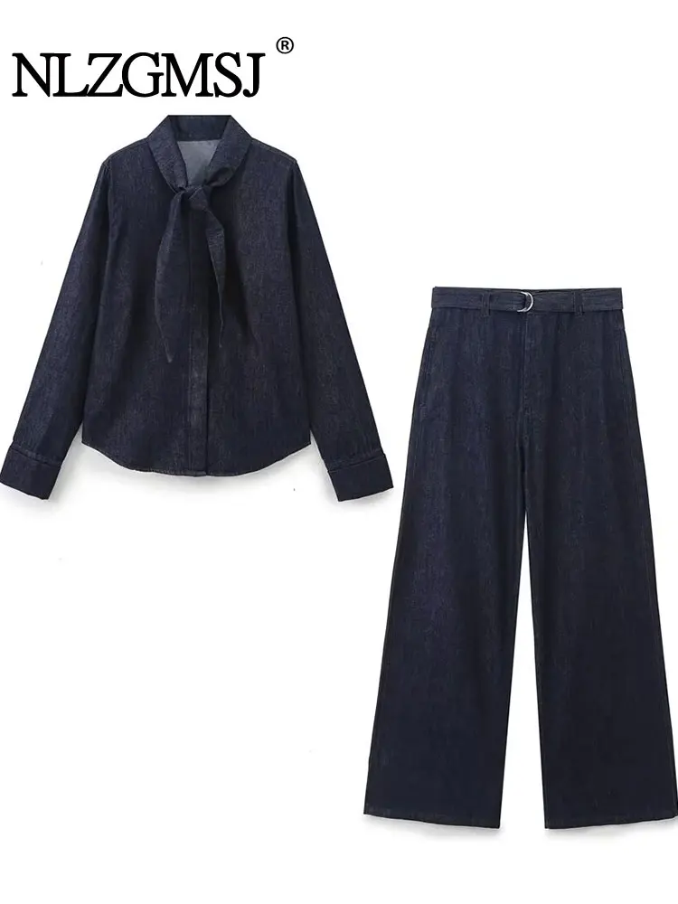 TRAF 2024 Autumn Women Denim Pants Sets Fashion Denim Bow Shirt Women Suit Casual Two Piece Set Women Outfit