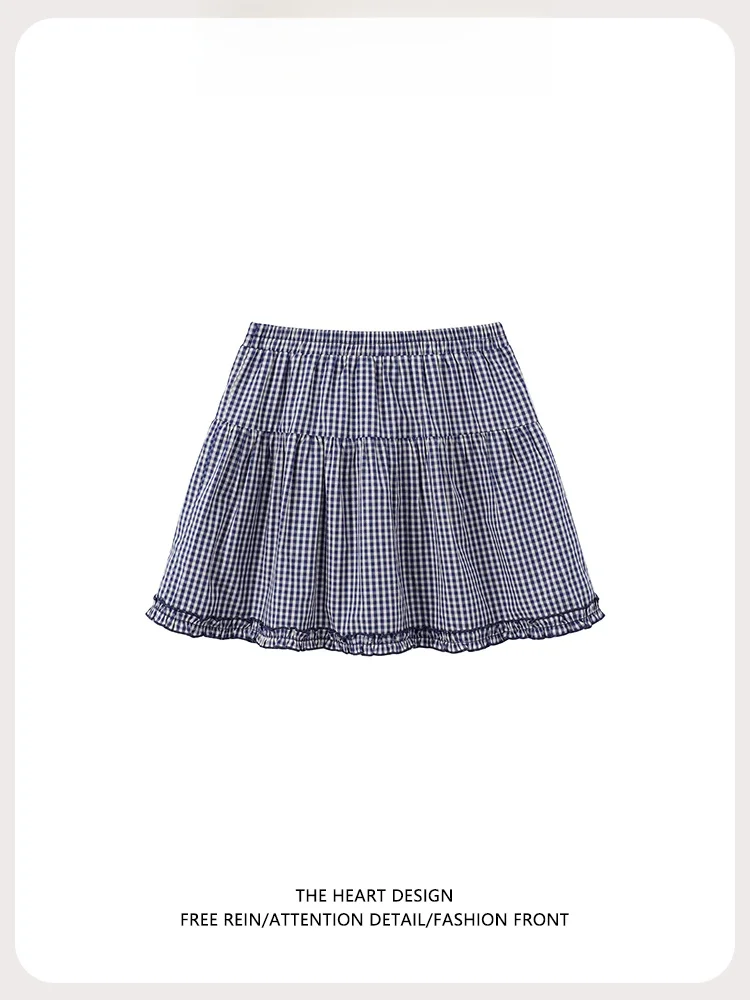 

High Waist A-Line Skirt Women's Plaid Lace Trim Blue White Summer New Sweet Slimming Versatile Fluffy ort Skirt