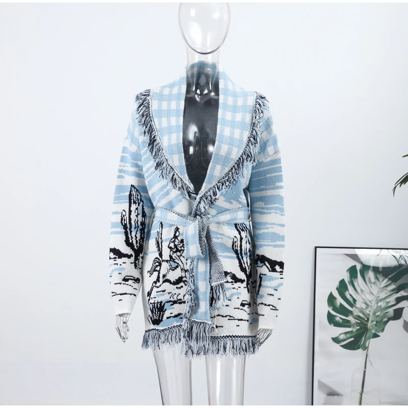Knitted Jacquard Tassels Patchwork Cardigans Women Sweaters Long Sleeve V-neck Thicken Vacation Sweater 2025 Autumn Coats Tops