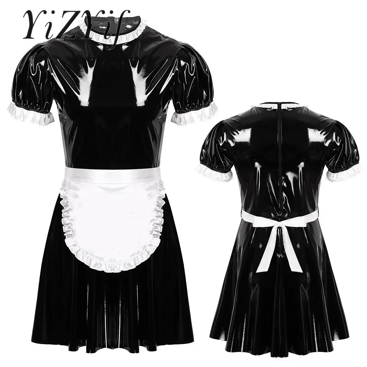 Men French Maid Cosplay Costume Maid Servant Uniform PVC Leather Flared Dress with Apron Ball Costume Sexy Sissy Crossdressing