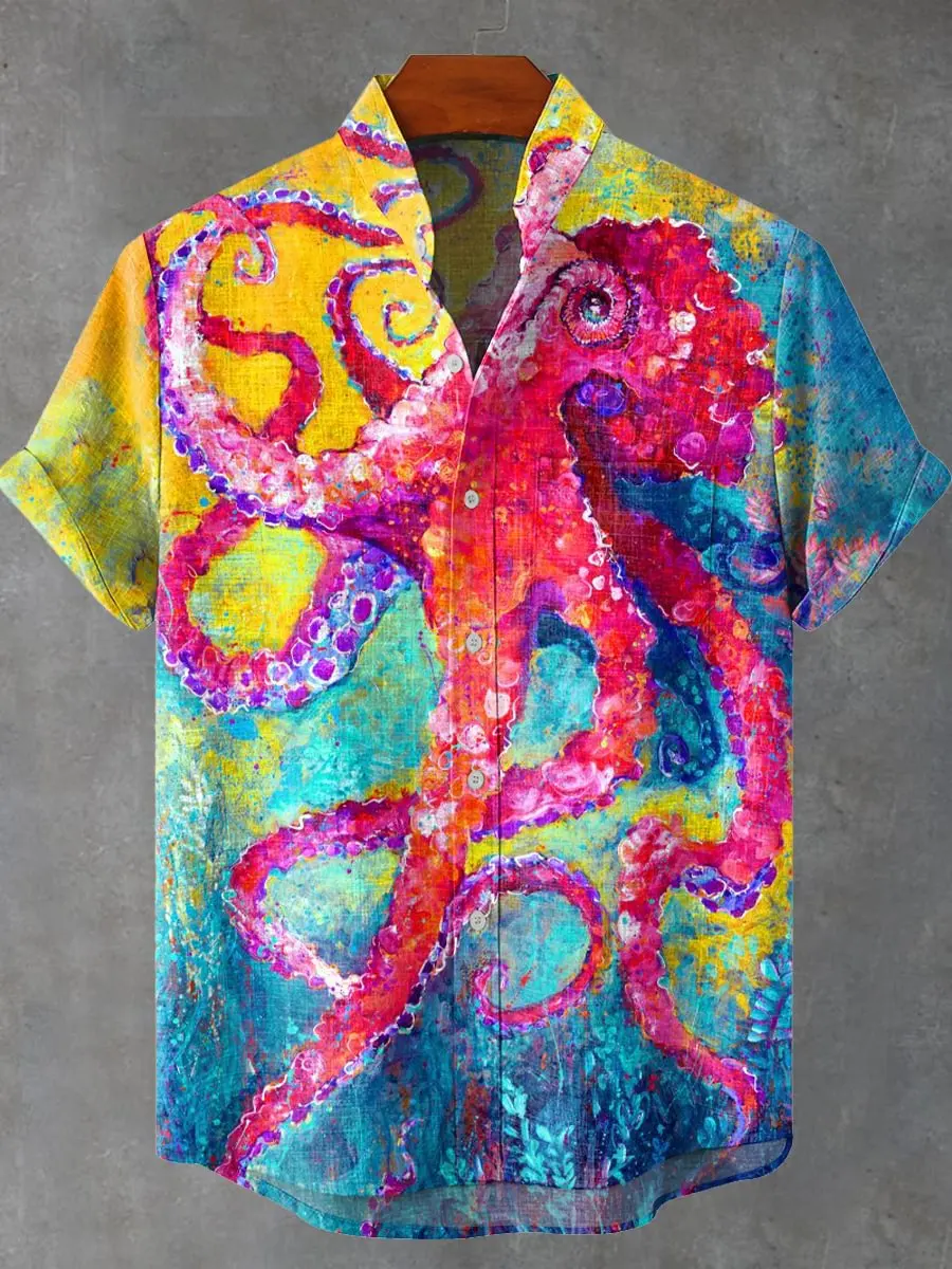 

Summer 2025 New Fun Marine Animal 3D Fashion Printed Casual Linen Button Shirt